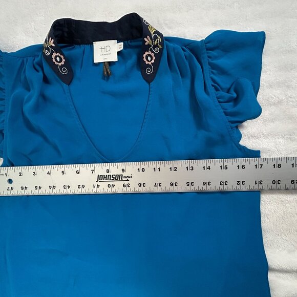 Anthropologie HD In Paris Womens Flutter Sleeve Embroidered Collar Blue Top 6 - Picture 6 of 7